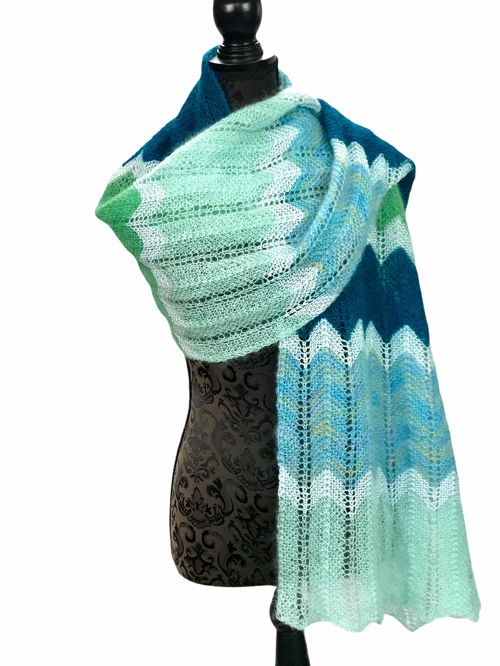 Sjal Tørklæde Mohair Håndstrikket Mint Grøn Blå 2