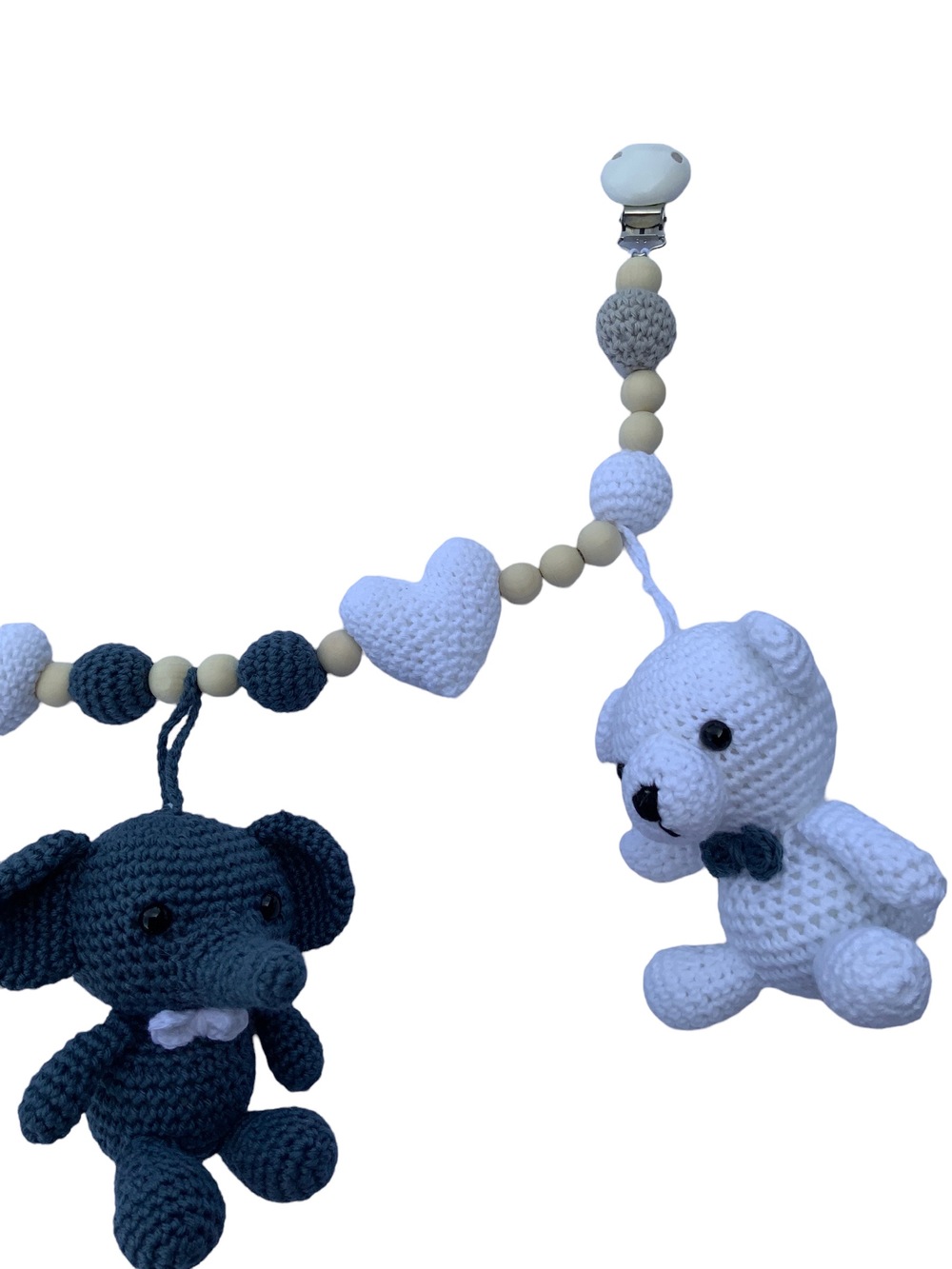Legetøj Barnevognkæde Bamse Elefant Blå Hvid Håndlavet