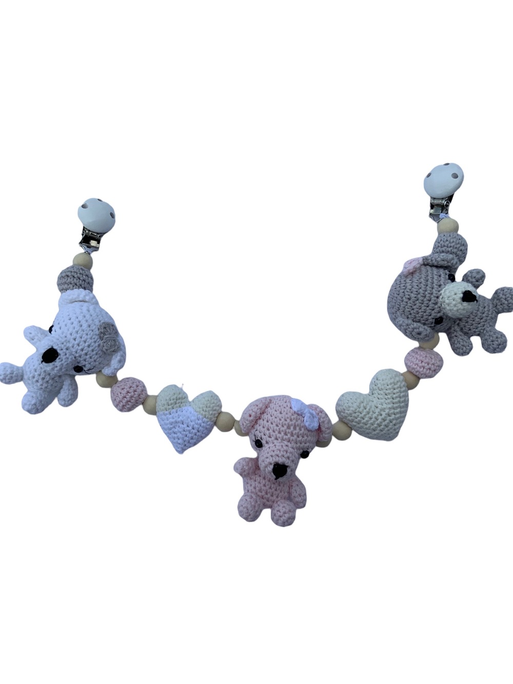 Legetøj Barnevognkæde Bamse Hjerter Lyserød Håndlavet 4